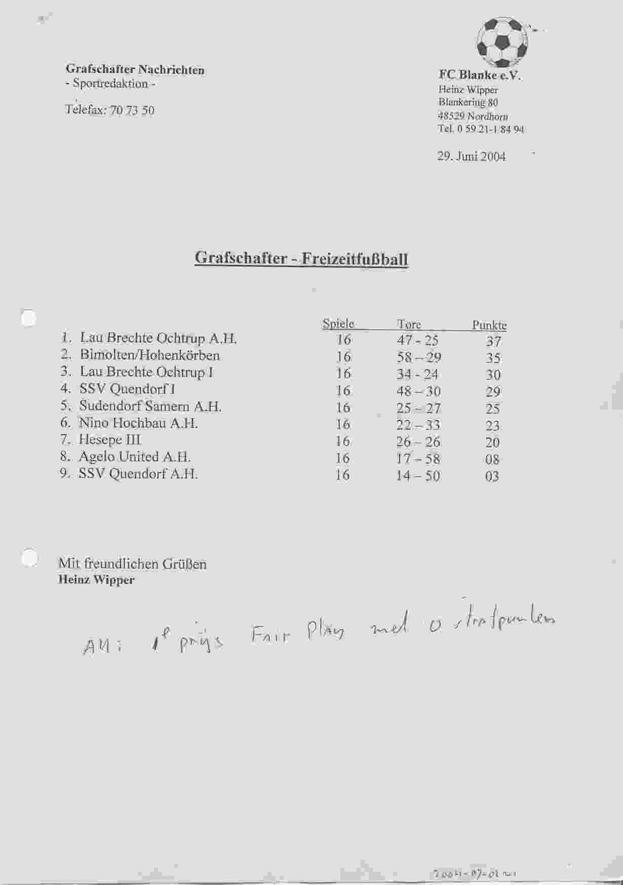 Eindstand Grafschafter Freizeit Fu&beta;ball Meisterschaftsrunde seizoen 2003/2004